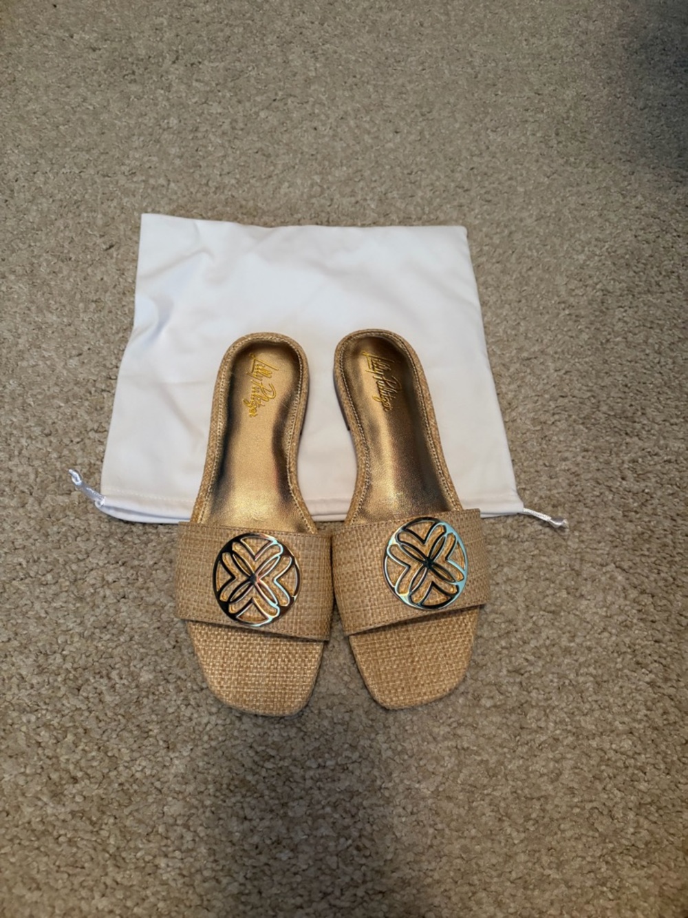 Lilly Pulitzer Tan Woven Slide Sandals with Gold Accents